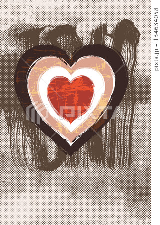 Vector grungy distressed painted heart in brown and beige colors on halftone background with paintbrush texture 134634058