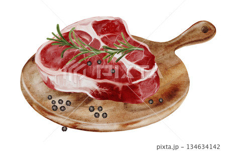 Fresh raw beef steak on a wooden board watercolor illustration. Food clip art. Hand-drawn organic cow meat on a white background. Perfect for cookbook design, restaurant menus, and butcher shop signs. Fresh raw beef steak on a wooden board watercolor illustration. Food clip art. Hand-drawn organic cow meat on a white background. Perfect for cookbook design, restaurant menus, and butcher shop signs. 134634142
