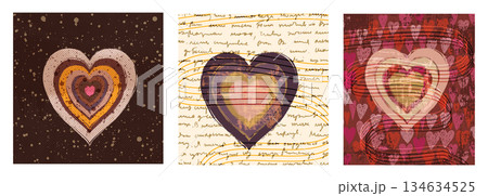 Vector abstract hand painted boho heart backgrounds set in earthy brown tones with half tone texture and hand written vintage text 134634525