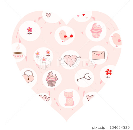 A big pink vector heart card with drawings for Valentine's day A big pink vector heart card with drawings for Valentine's day 134634529