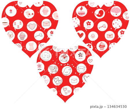 Red hearts with drawings of cute love themed design elements for greeting cards, invitations 134634530