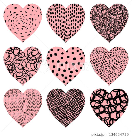 Cute pink vector hearts with texture for Valentine's day for greeting cards and invitations Cute pink vector hearts with texture for Valentine's day for greeting cards and invitations 134634739
