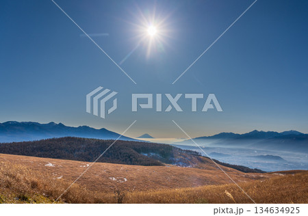 厳冬の霧ヶ峰高原から白く輝く霧氷と富士山 134634925