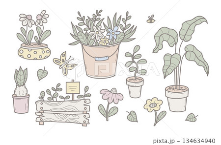 Spring Potted Plants. Hand Drawn Pastel Doodle Set. Isolated Muted Botanical Collection For Cozy Home Decor. Vector illustration. Not AI 134634940