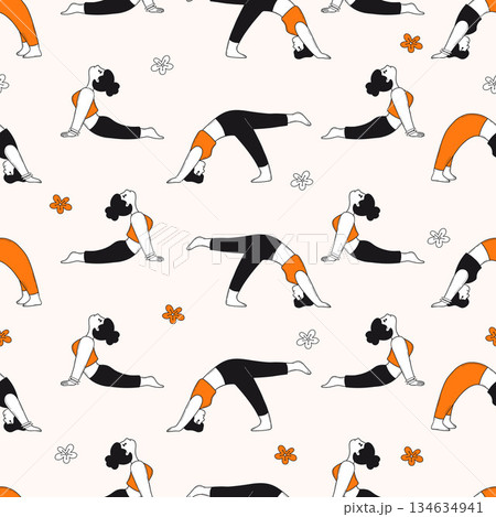 Seamless Yoga Fitness Doodle Pattern. Girl Sportswoman Doing Stretching, Pilates Poses on light Background with Flowers. Hand-Drawn With Orange Color Accent. Vector Illustration. Not AI Seamless Yoga Fitness Doodle Pattern. Girl Sportswoman Doing Stretching, Pilates Poses on light Background with Flowers. Hand-Drawn With Orange Color Accent. Vector Illustration. Not AI 134634941