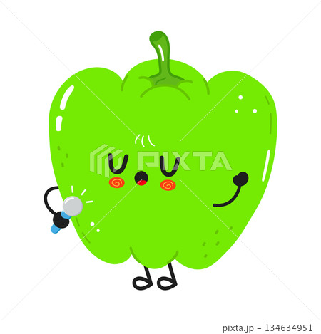 Green bell pepper cartoon character singing with microphone Green bell pepper cartoon character singing with microphone 134634951