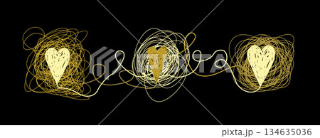 Vector golden hearts entangled with gold messy lines, greeting card, banner, wedding graphic design element 134635036