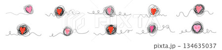Tangled messy ball shapes with curvy swirly lines and pink and red hearts, graphic design elements for greeting cards and backgrounds 134635037