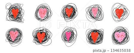 Red and pink vector hearts with black tangled lines, threads, fun abstract graphic design elements 134635038