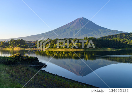 山梨県・夏の河口湖に映る逆さ富士 山梨県・夏の河口湖に映る逆さ富士 134635125