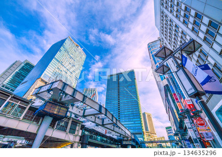 日本の東京都市景観年の瀬。フクラスデッキの上を鉄骨が覆う…（クローラークレーンもズラリ…） 134635296
