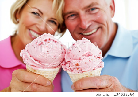 A joyful middle-aged couple enjoys strawberry ice cream together on a sunny day 134635364