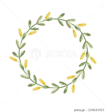 A round frame of green branches with leaves and yellow spikes of dry grass on an isolated background. Watercolor illustration of a wreath of thin branches of grass in natural colors. A botanical A round frame of green branches with leaves and yellow spikes of dry grass on an isolated background. Watercolor illustration of a wreath of thin branches of grass in natural colors. A botanical 134635457