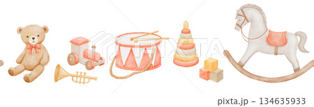 Seamless border with baby rocking horse, vintage bear and drum, hand drawn watercolor illustrations Seamless border with baby rocking horse, vintage bear and drum, hand drawn watercolor illustrations 134635933