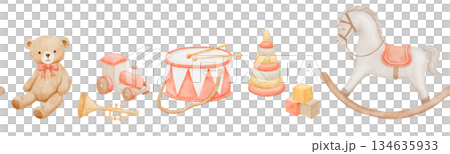 Seamless border with baby rocking horse, vintage bear and drum, hand drawn watercolor illustrations 134635933