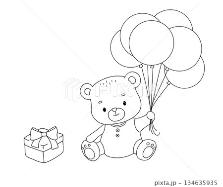 Cute teddy bear with balloons and gift box, hand drawn childish line illustration isolated on white background for coloring book for children 134635935