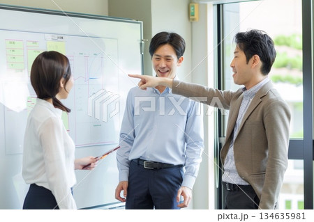 オフィスのホワイトボード前で活発に議論を行い笑顔を見せる日本のビジネスチーム オフィスのホワイトボード前で活発に議論を行い笑顔を見せる日本のビジネスチーム 134635981