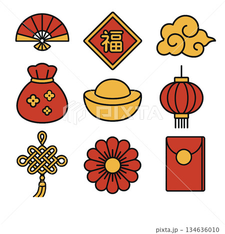 Chinese new year icon set, red gold, lantern, knot, envelope, joyful 134636010