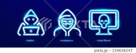 Hacker Attack Data Breach Malware Ransomware Dark Web Icons Set. Anonymous Mask Privacy Resistance Protest Operation Neon Logo. Cyber Threat Risk Alert Pics for Digital Business. Vector Illustration 134636247