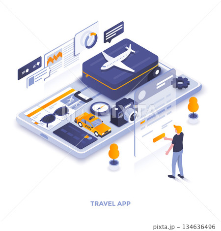Flat color Modern Isometric Illustration design - Travel App Flat color Modern Isometric Illustration design - Travel App 134636496