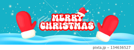 Merry Christmas horizontal banner and flyer vector design with cute kids warm red mittens on snowy hills landscape background and greeting text. Vector merry Christmas cartoon banner with gloves Merry Christmas horizontal banner and flyer vector design with cute kids warm red mittens on snowy hills landscape background and greeting text. Vector merry Christmas cartoon banner with gloves 134636527