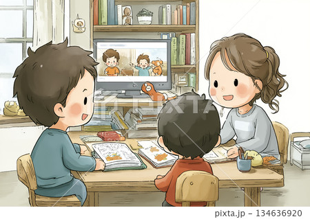 親子で取り組む家庭学習の時間　オンライン教材で学ぶ子どもたち 134636920