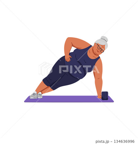 Senior woman exercising side plank workout on purple mat vector illustration Senior woman exercising side plank workout on purple mat vector illustration 134636996