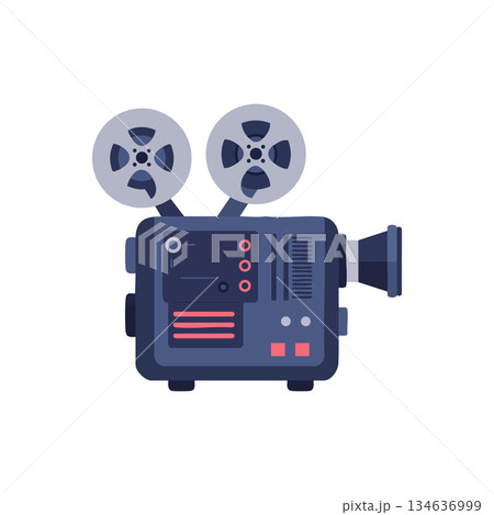 Vintage film projector vector illustration with reels and lens in blue and grey colors Vintage film projector vector illustration with reels and lens in blue and grey colors 134636999