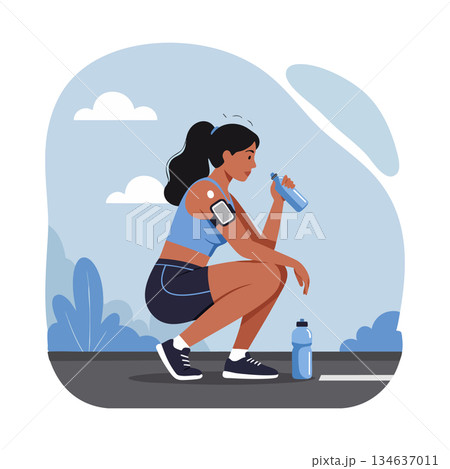 Woman Athlete Drinking Water After Outdoor Workout Fitness Hydration Vector Illustration 134637011