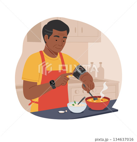 Man Wearing Smartwatch Cooking Breakfast in Kitchen with Orange Apron Vector Illustration Man Wearing Smartwatch Cooking Breakfast in Kitchen with Orange Apron Vector Illustration 134637016