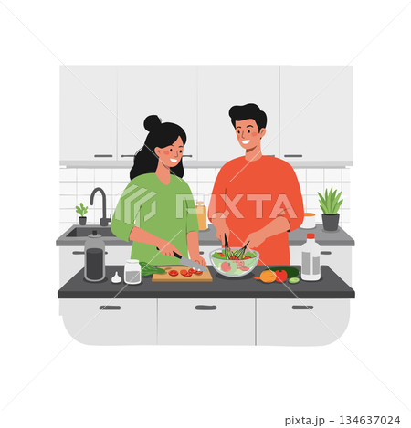 Couple cooking together in modern kitchen preparing fresh salad and vegetables vector illustration Couple cooking together in modern kitchen preparing fresh salad and vegetables vector illustration 134637024