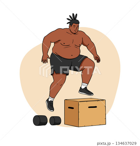 Man performing box jump exercise with dumbbells and athletic shoes vector illustration 134637029