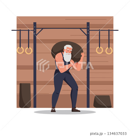 Strong elderly man lifting heavy sandbag in gym workout fitness training vector illustration Strong elderly man lifting heavy sandbag in gym workout fitness training vector illustration 134637033
