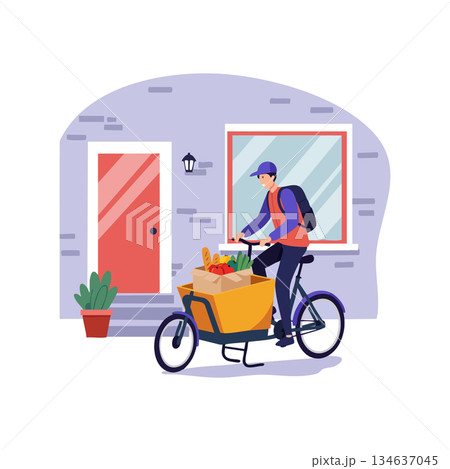 Delivery person riding cargo bike with food groceries in front of house vector illustration 134637045