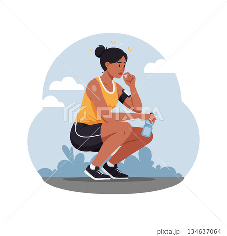 Woman resting after exercise holding water bottle in outdoor fitness scene 134637064
