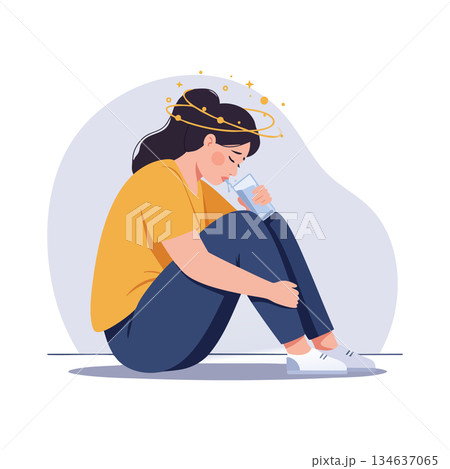 Woman sitting on floor holding glass of water feeling dizzy vector illustration 134637065