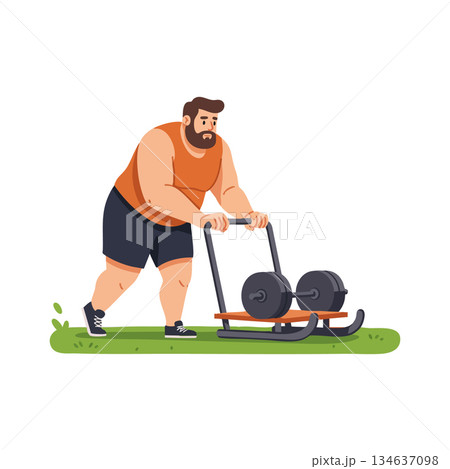Man pushing weighted sled fitness training exercise outdoor strength workout vector illustration Man pushing weighted sled fitness training exercise outdoor strength workout vector illustration 134637098