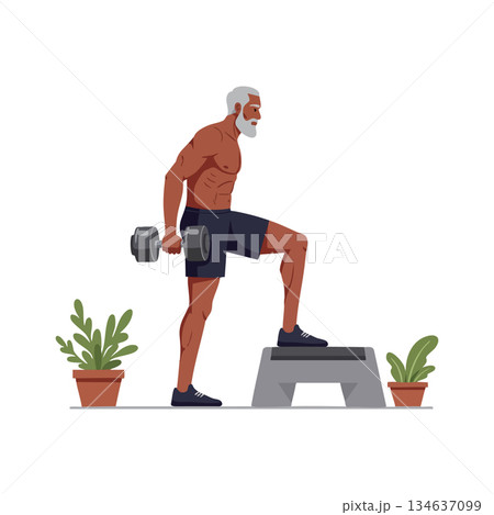 Older man exercising with dumbbell and step platform home workout vector illustration Older man exercising with dumbbell and step platform home workout vector illustration 134637099
