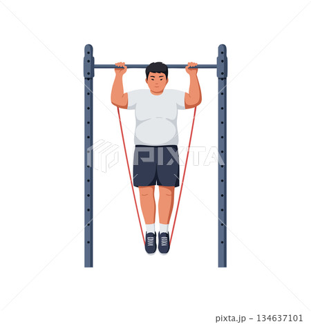 Overweight Man Doing Pull Ups with Resistance Bands Fitness Exercise Vector Illustration 134637101