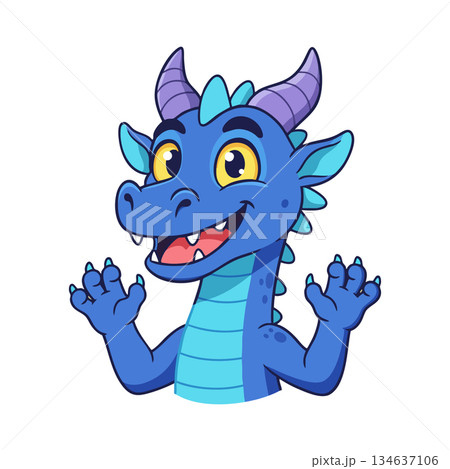 Cute blue dragon character with purple horns waving hands friendly cartoon fantasy creature vector illustration Cute blue dragon character with purple horns waving hands friendly cartoon fantasy creature vector illustration 134637106