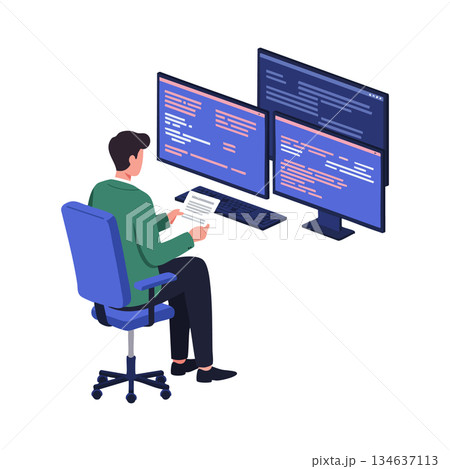 Programmer working at desk with multiple monitors displaying code in dark mode technology setup for software development vector illustration 134637113