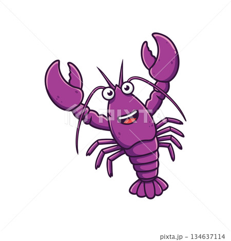 Purple lobster cartoon character happy claw raised vector illustration design for kids and seafood themes 134637114