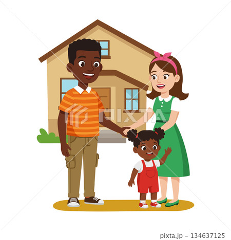 Happy family with father mother and child standing outside house smiling together vector illustration Happy family with father mother and child standing outside house smiling together vector illustration 134637125