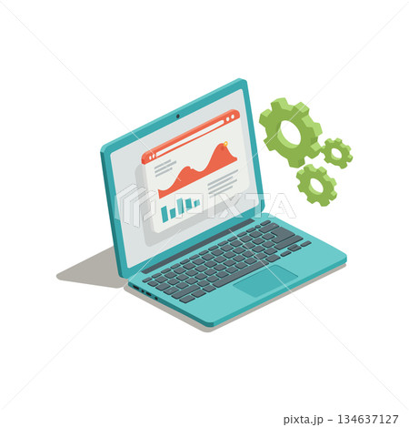 Laptop with analytics dashboard and gear icons representing technology and data management vector illustration 134637127