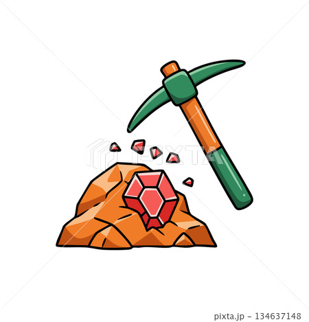 Ruby gemstone mining with pickaxe breaking rock for precious gem extraction vector illustration Ruby gemstone mining with pickaxe breaking rock for precious gem extraction vector illustration 134637148