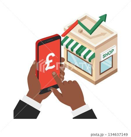 Mobile phone with pound currency symbol and shop building showing financial growth concept vector illustration 134637149
