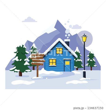 Winter cabin with snow-covered pine trees and mountain background under cloudy sky vector illustration 134637150