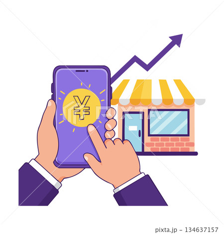 Mobile phone with yen currency symbol and growing business store concept for financial success vector illustration Mobile phone with yen currency symbol and growing business store concept for financial success vector illustration 134637157