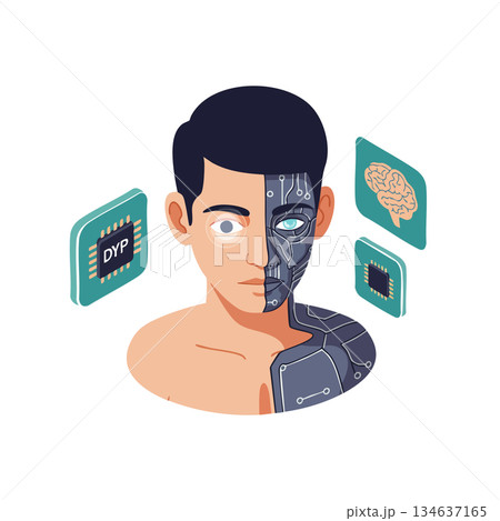 Cyborg man half human half robot with artificial intelligence brain chip technology vector illustration Cyborg man half human half robot with artificial intelligence brain chip technology vector illustration 134637165