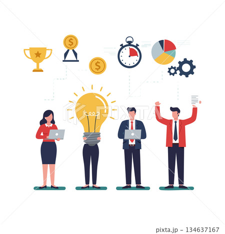 Business team brainstorming ideas with light bulb, money, stopwatch, and pie chart concept for productivity and success 134637167